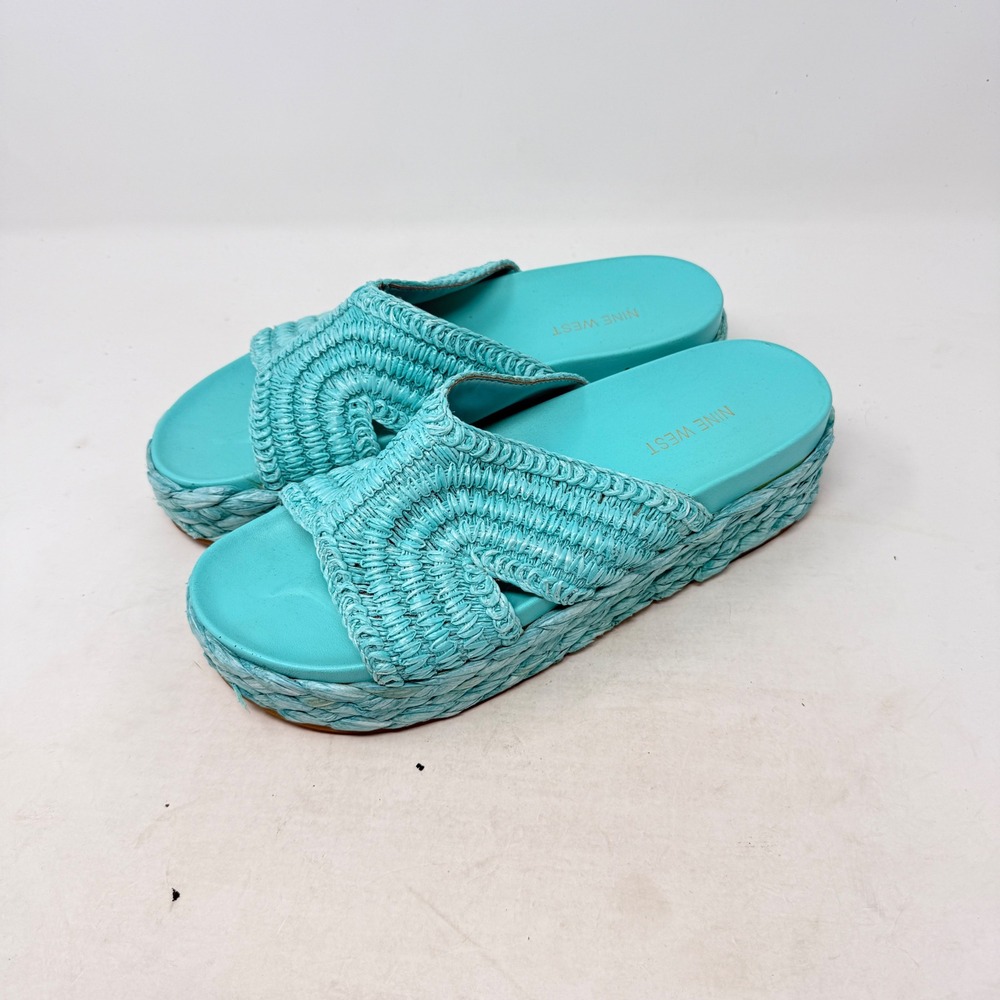 Nine West Platform Slide Sandals Teal Size 9.5M‎ Boho Raffia Beachy Summer Aqua